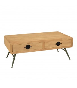 Table basse avec 2 tiroirs en pin naturel et pieds en métal vert HELENE