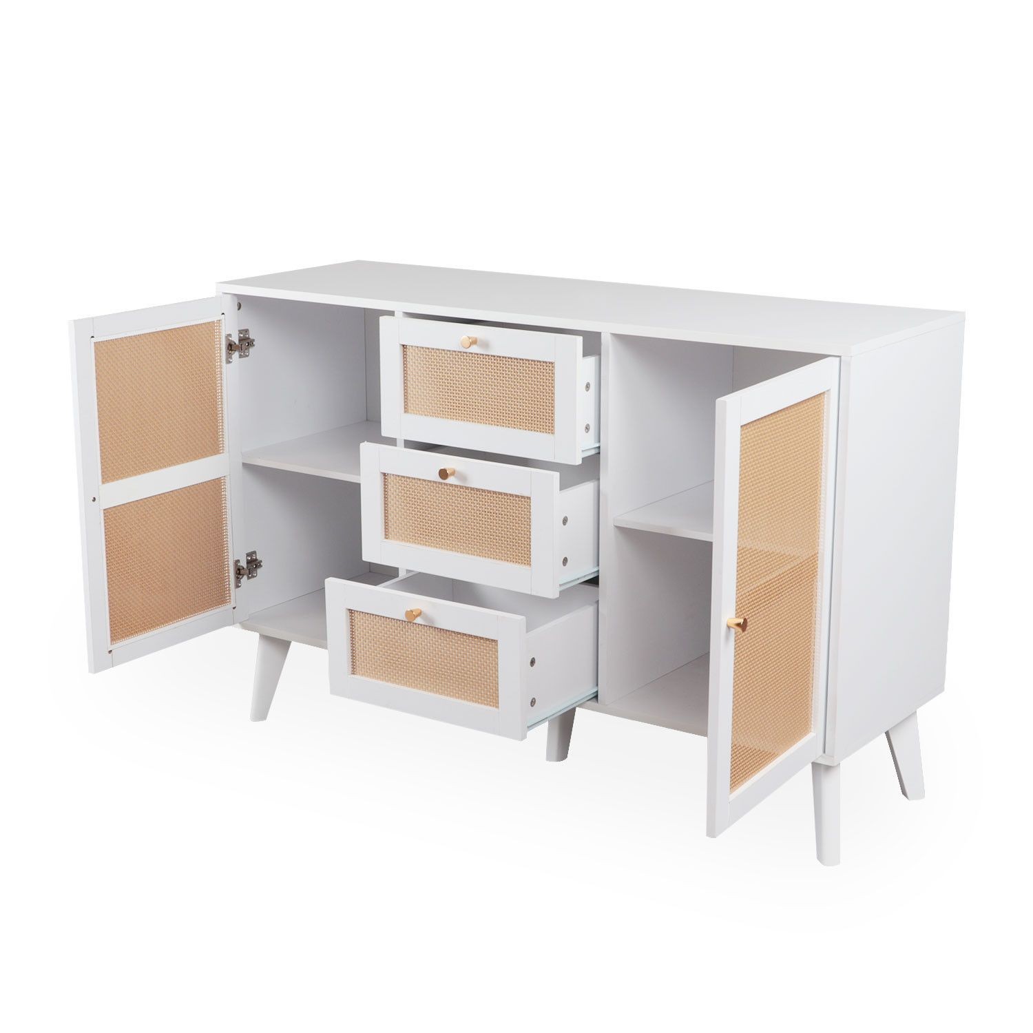 Buffet 3 tiroirs et 2 portes avec cannage L120cm blanc Dalgora