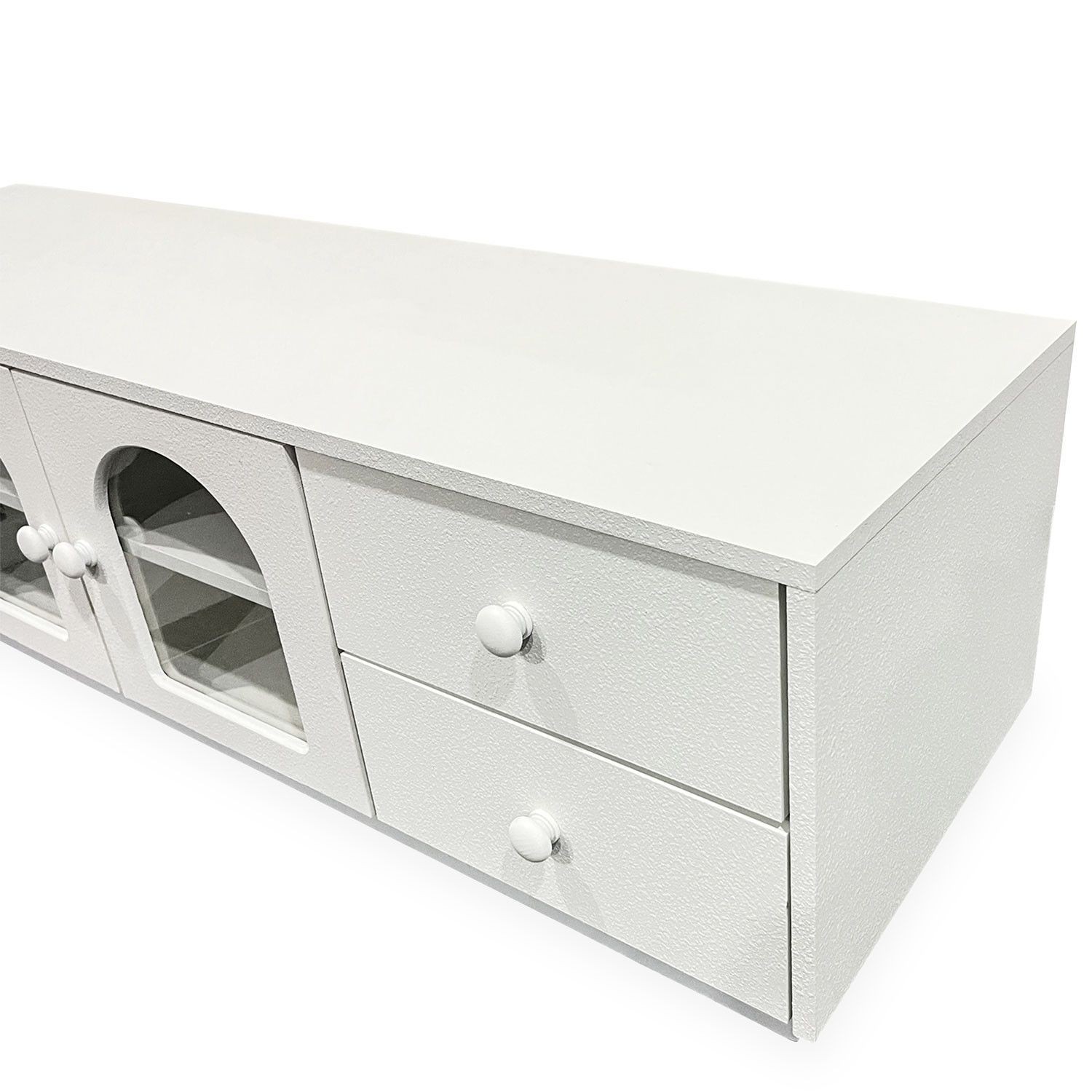 Meuble TV 140cm avec portes et tiroirs style naturel chic blanc texturé Volos