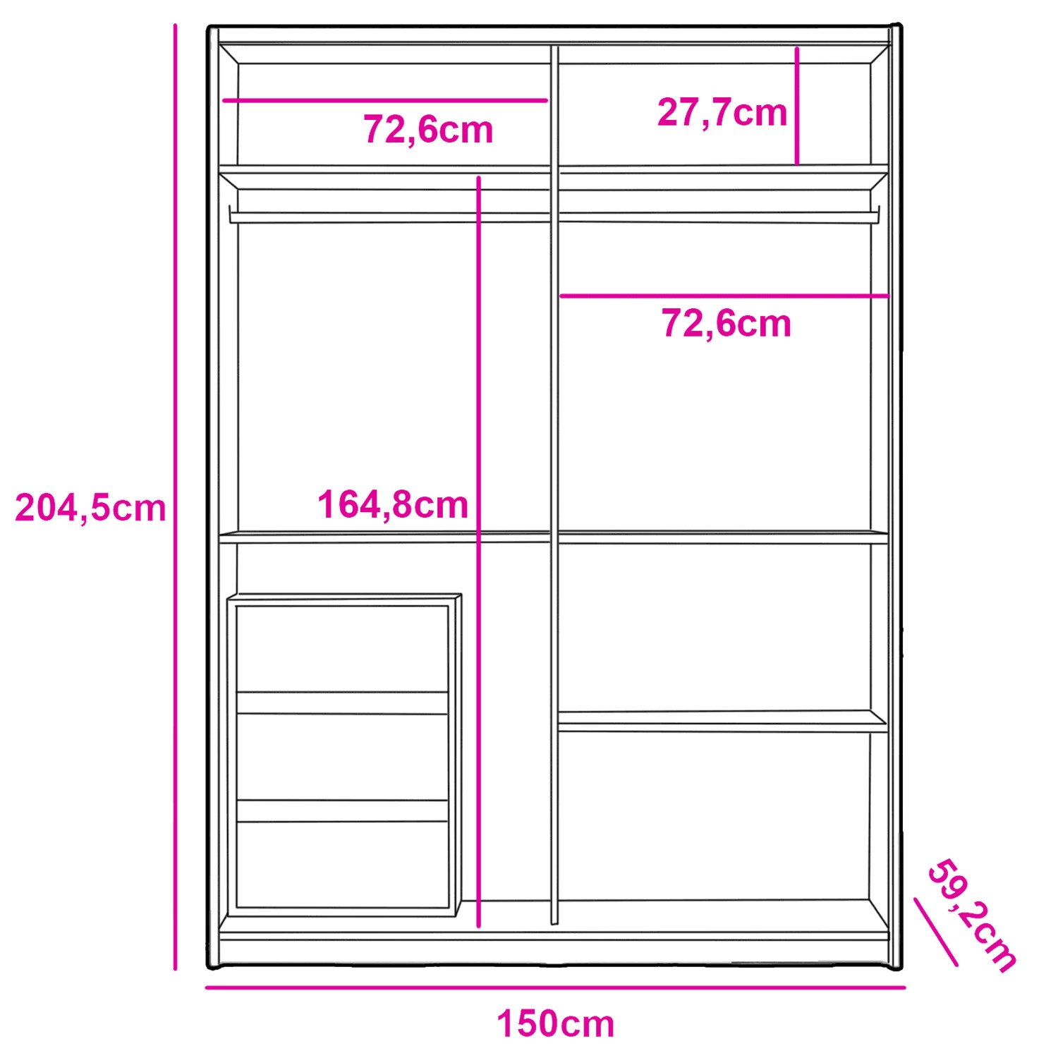 Grande armoire 2 portes coulissantes 150cm miroir et commode intégrée Zestal