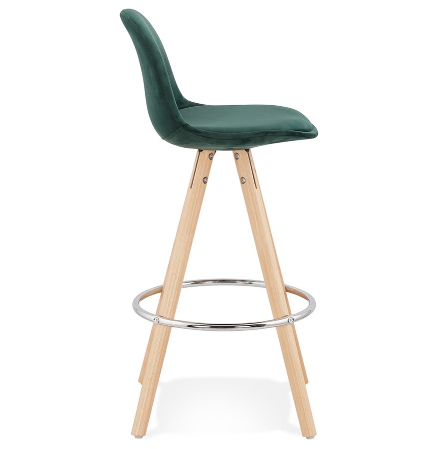 Tabouret snack mi-hauteur SPIRIT MINI en velours vert et pieds en bois naturel