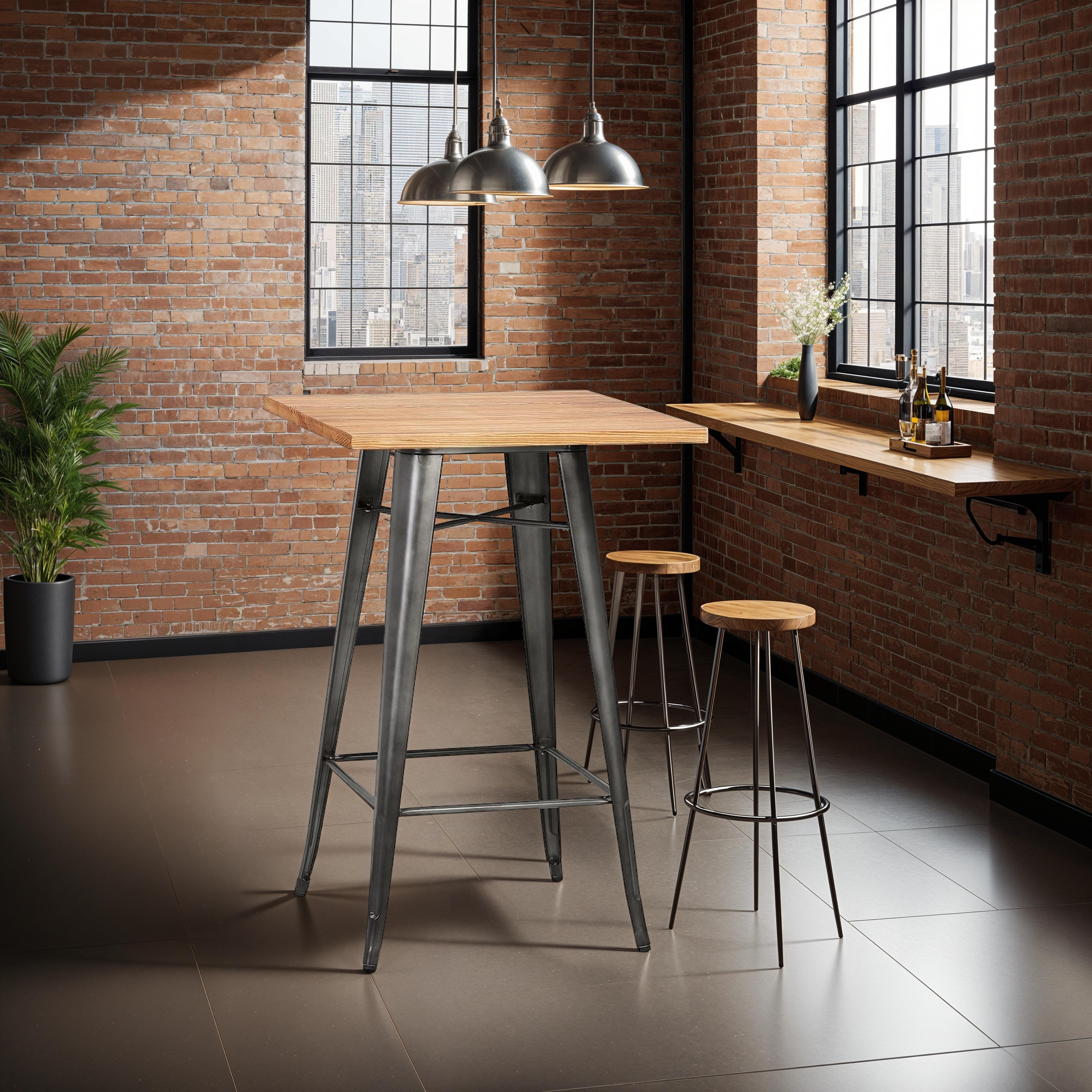 Table haute style industriel en bois foncé et pieds en métal gris