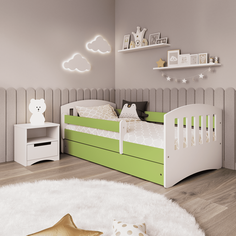 Lit enfant vert avec tiroir et sommier inclus