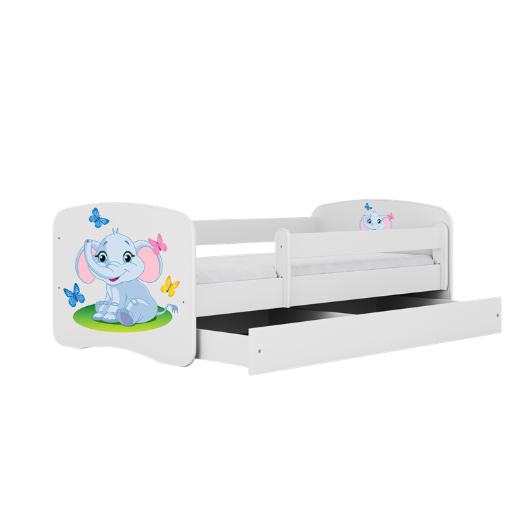 Lit enfant blanc avec bébé éléphant et tiroir