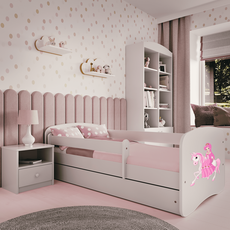 Lit enfant princesse blanche sur cheval avec tiroir 80x180cm