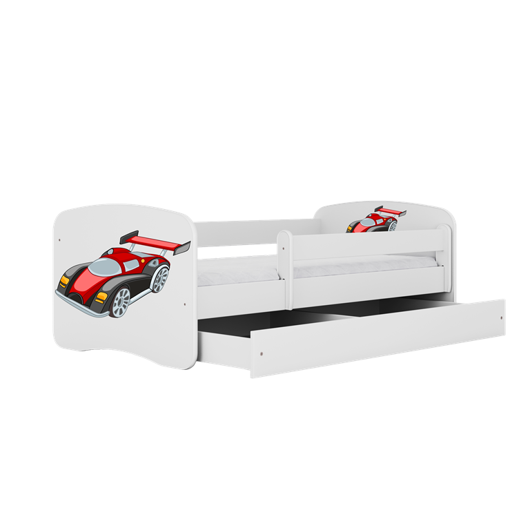 Lit enfant voiture de course blanc avec tiroir et matelas