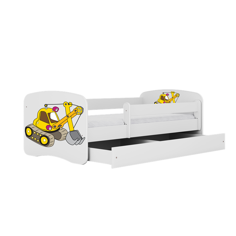 Lit enfant tractopelle chantier blanc avec tiroir et matelas