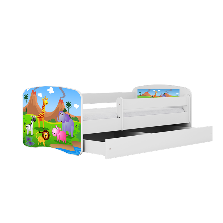 Lit enfant Safari Savane blanc avec tiroir et matelas 80x180cm