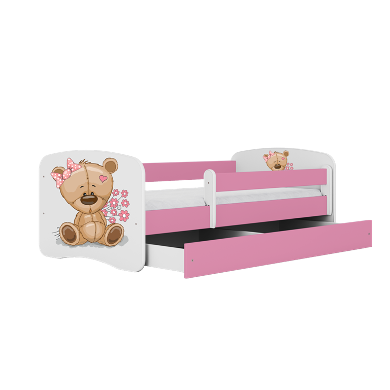 Lit enfant ours en peluche rose fleurs avec tiroir