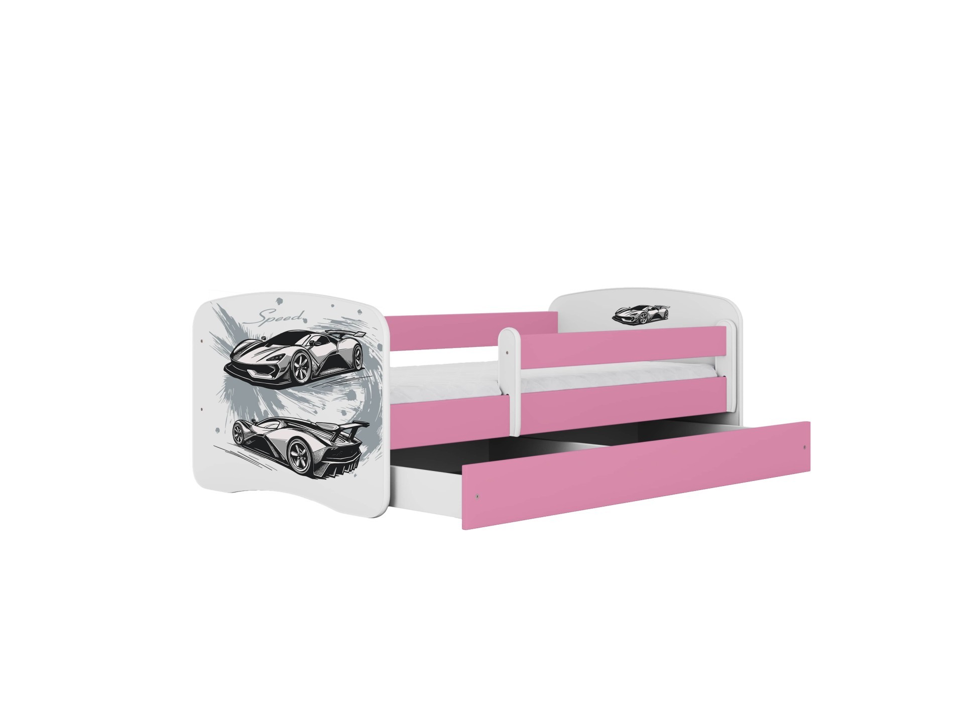 Lit enfant voiture de sport rose avec tiroir et matelas