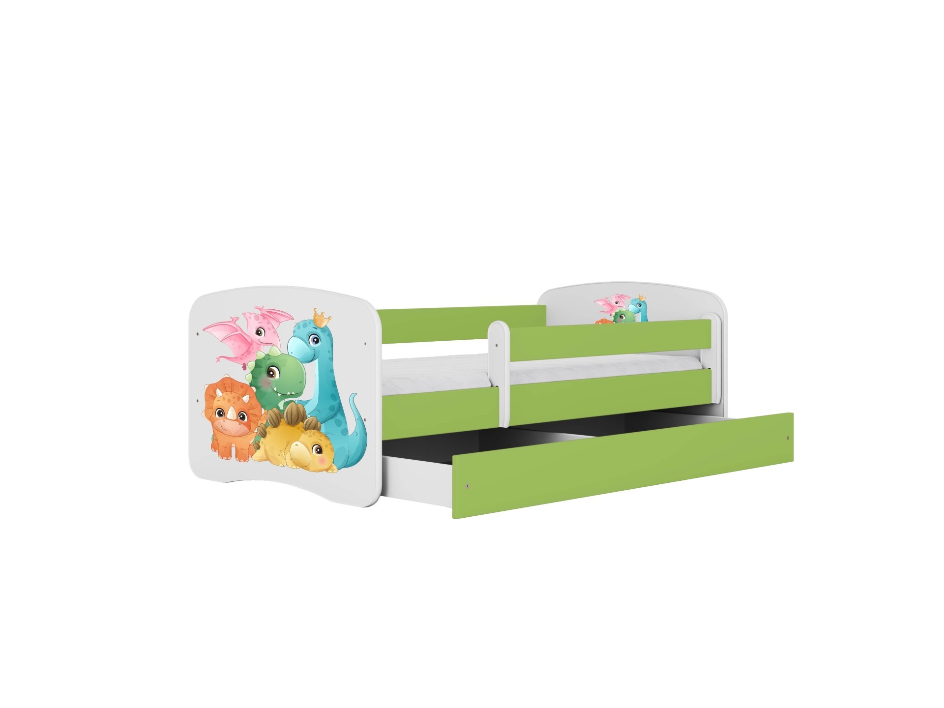 Lit enfant petits dinosaures verts avec tiroir et matelas