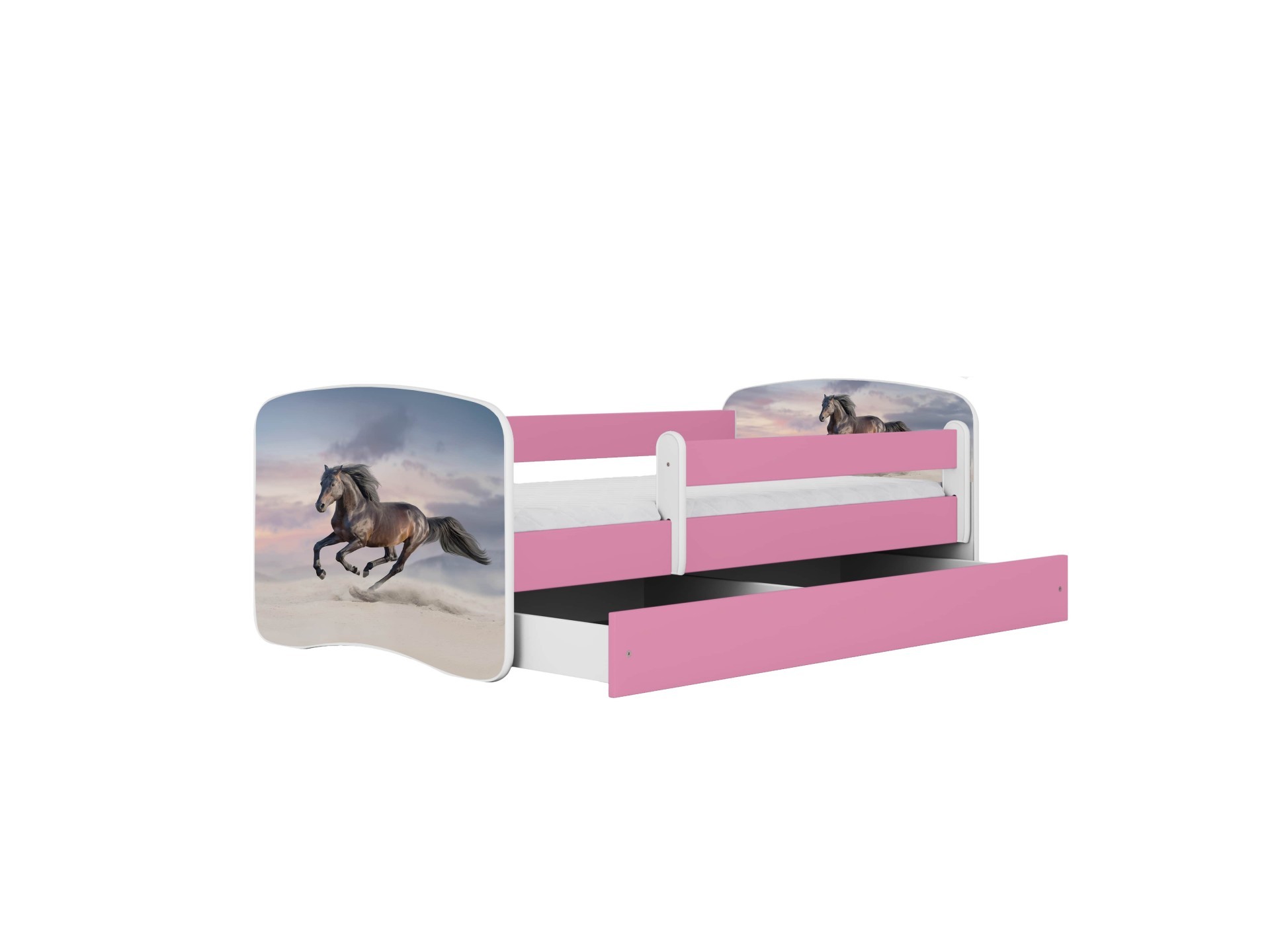 Lit enfant cheval au galop rose avec tiroir et matelas