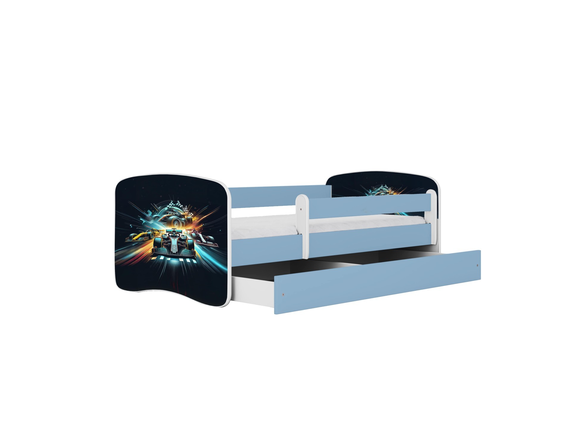 Lit enfant course bleu avec tiroir et matelas